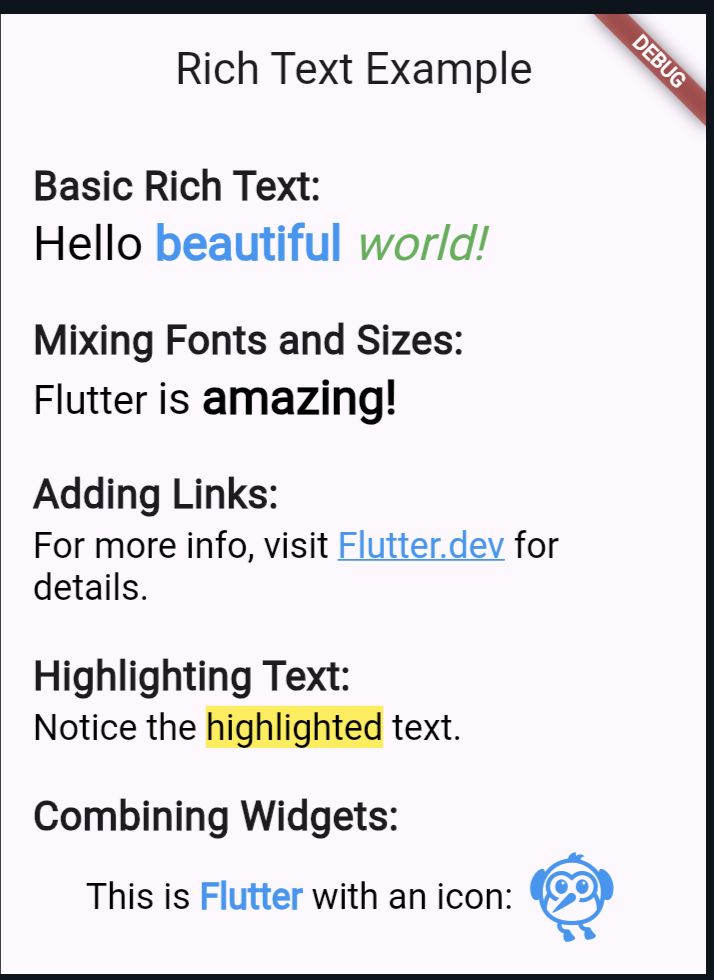 Output of Power of rich text Flutter